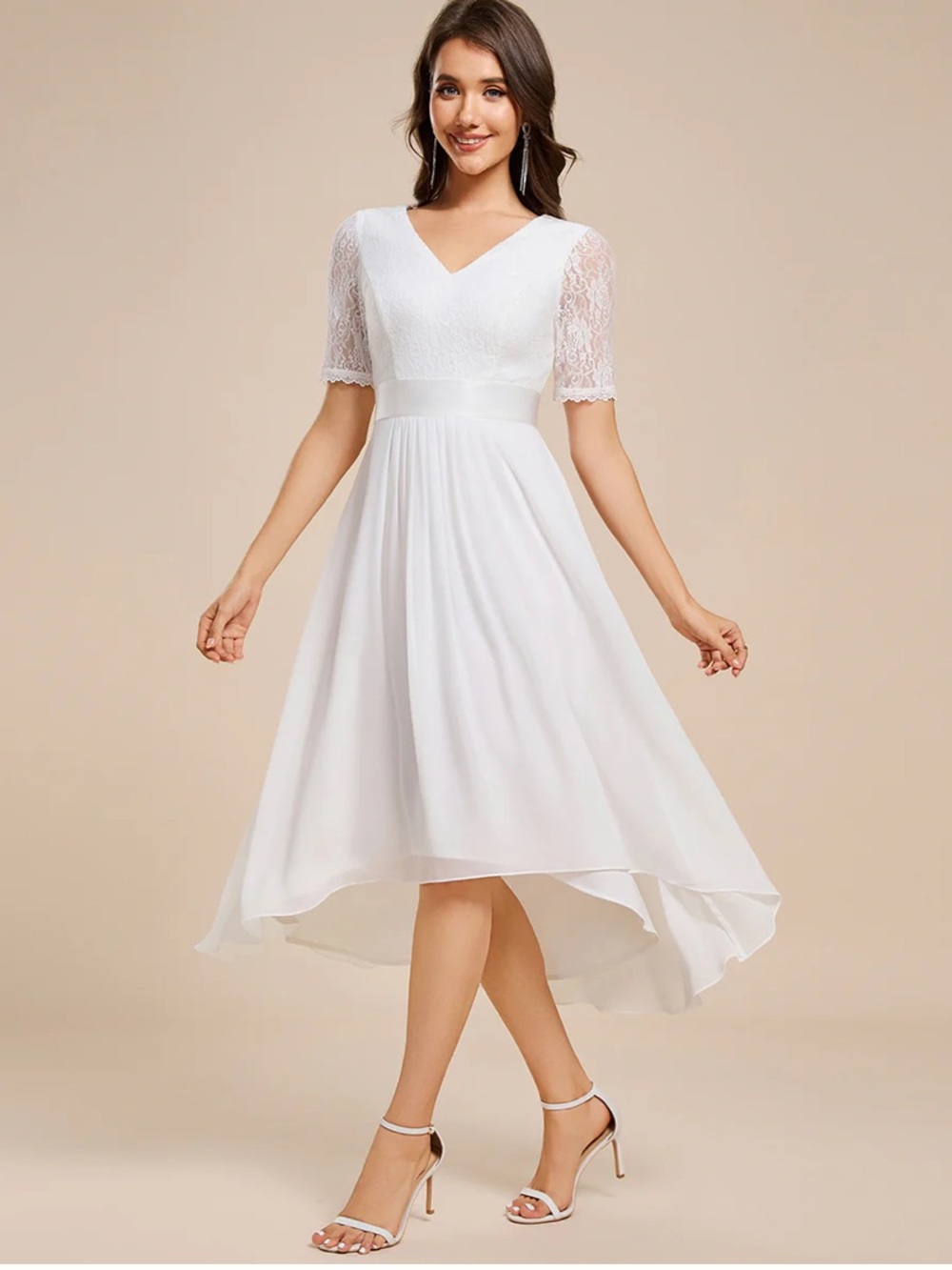 Ever Pretty White Lace Sleeve High-Low Midi Dress